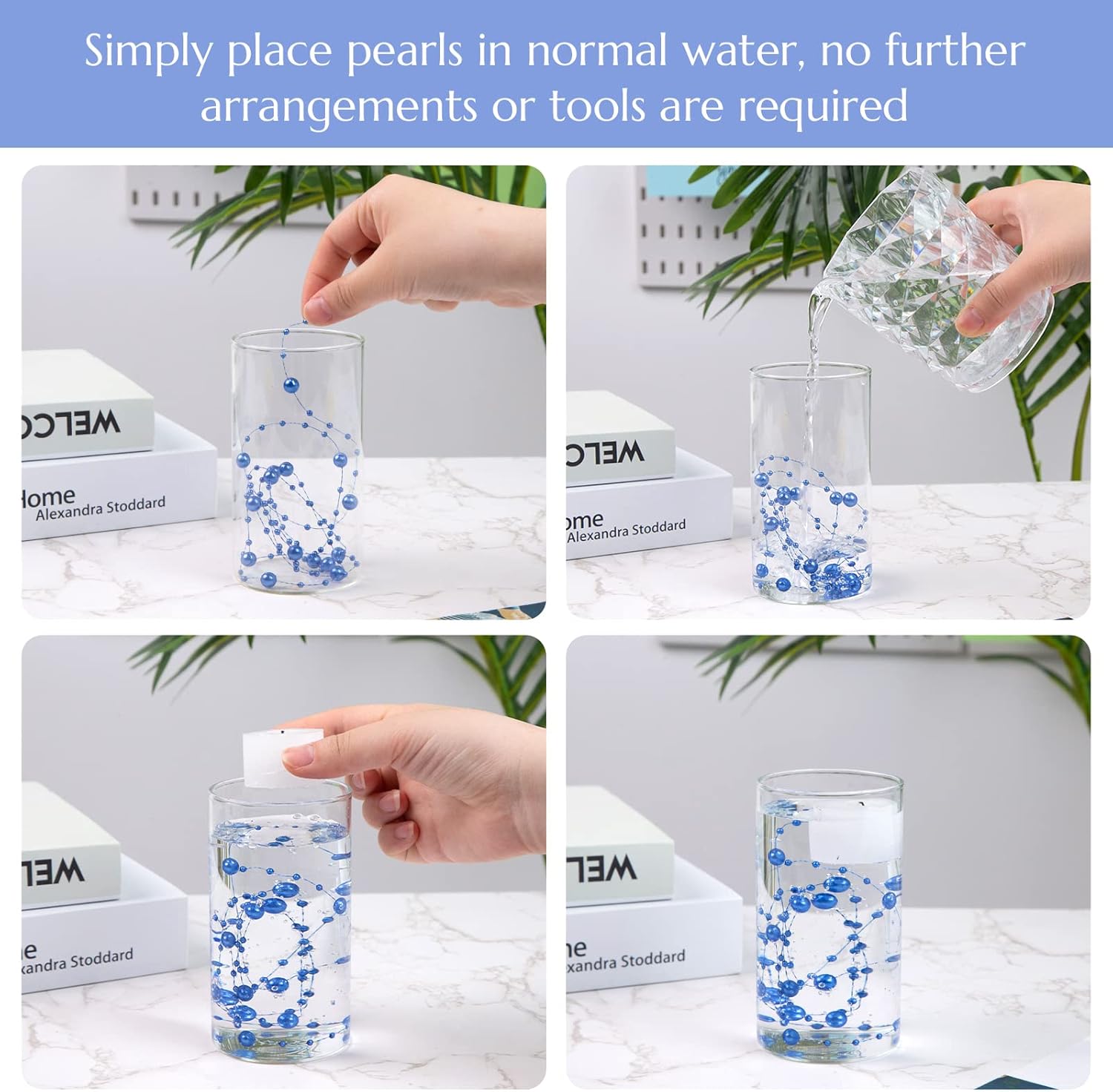 DomeStar 36 PCS Blue Pearl Strings for Floating Candle, Artificial Beads Strings Blue Faux Pearls Vase Fillers for Wedding Table Centerpiece DIY Garland