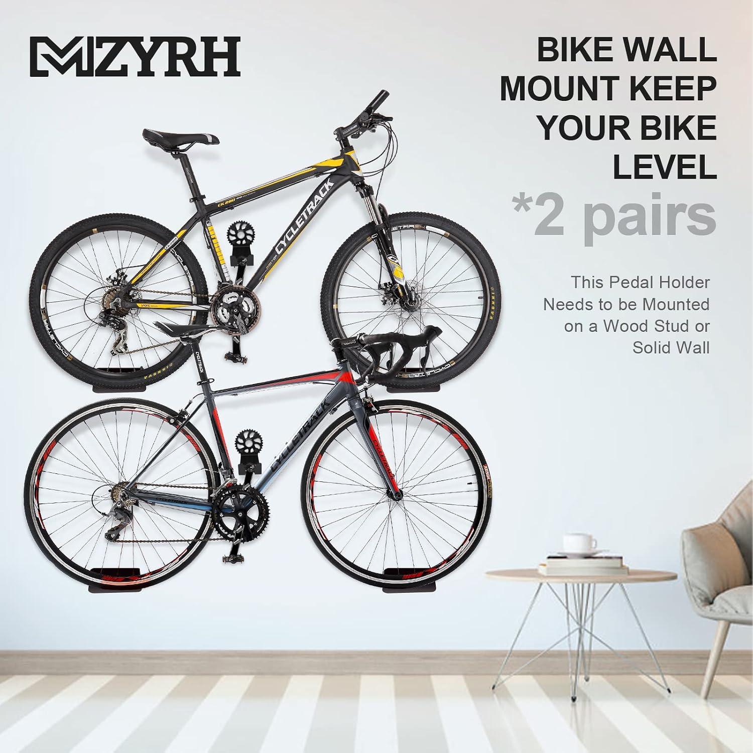 MZYRH Heavy Duty Bike Wall Mount, Stainless Steel, 2 Pack, Bicycle Storage Rack, Ideal for Road, Mountain or Hybrid Bikes