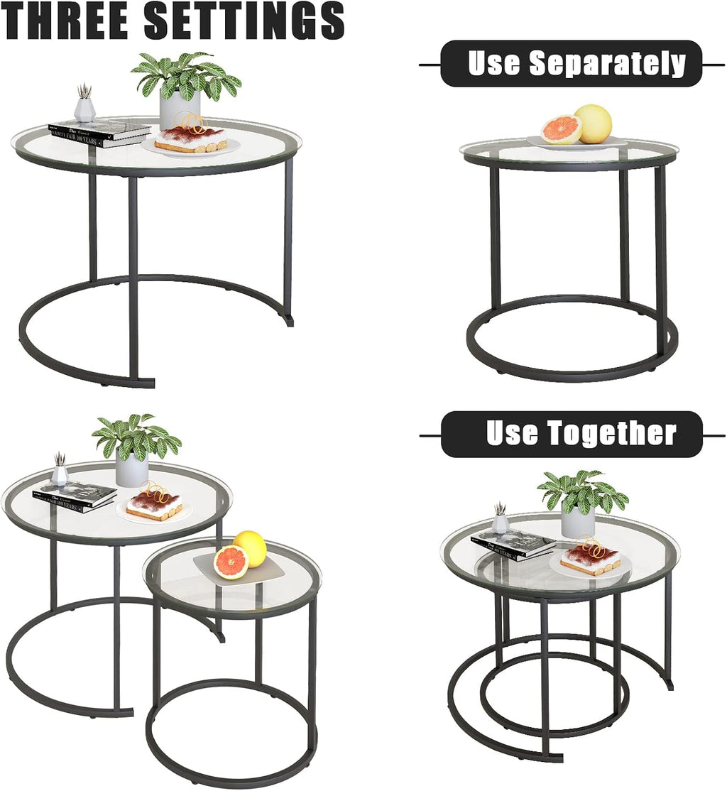 Nesting Coffee Table Set of 2,Modern Black Tempered Glass Side Table, Metal Frame Round End Table.Small Glass Tea Table for Living Room,Bedroom Studio Apartment Essentials，17.7IN