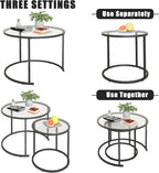 Nesting Coffee Table Set of 2,Modern Black Tempered Glass Side Table, Metal Frame Round End Table.Small Glass Tea Table for Living Room,Bedroom Studio Apartment Essentials，17.7IN