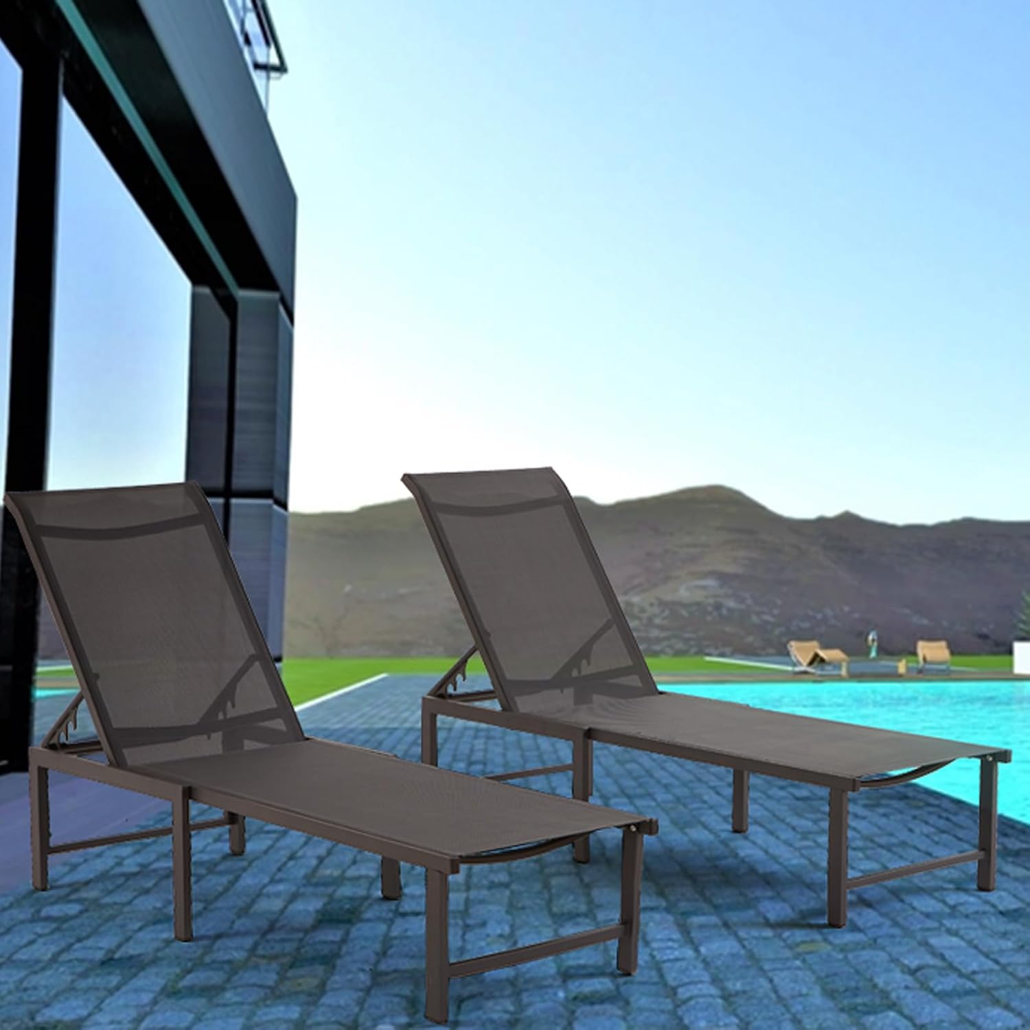 Aluminum Chaise Lounge Chair Outdoor Set of 2, Foldable & Assembly Free Outdoor Lounge Chairs with 5-Position Recliner, Pool Lounge Chairs for Outside Poolside Beach Lawn (Dark Grey)