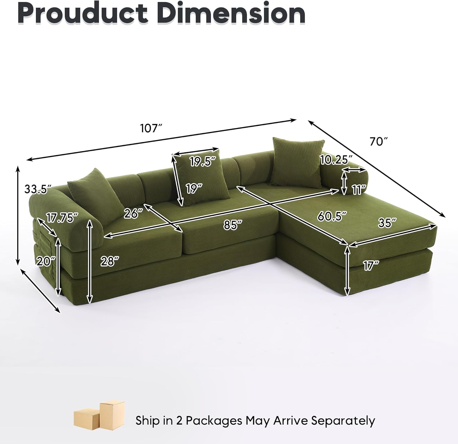 L Shaped Modular Sofa Bed with Cylindrical Pillow & Reversible Chaise, Corduroy Folding Floor Convertible Sofa Couch Bed with Fixed-Shape Frame & Storage Pocket for Living Room, Green