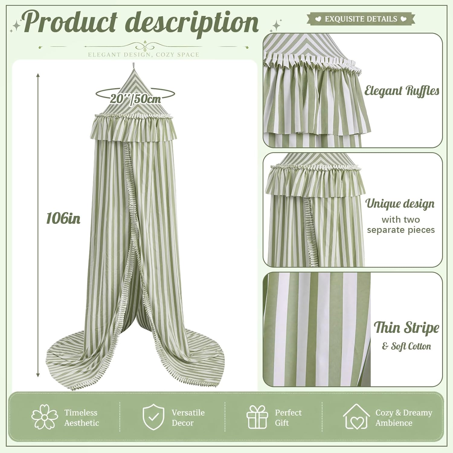 SmoothNovelty Green Striped Bed Canopy with Ruffles, Soft Cute Decorative Tent, Hanging Bed Curtains for Reading Nook Play Area, Adult Bedroom Circus Tent Canopy