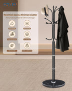 Modern Coat Rack Stand, Metal Freestanding Coat Rack with Natural Marble Base, Heavy-Duty Coat Racks with 12 Hooks,Black Coat Hanger Tree Stand for Office, Entryway, Hallway