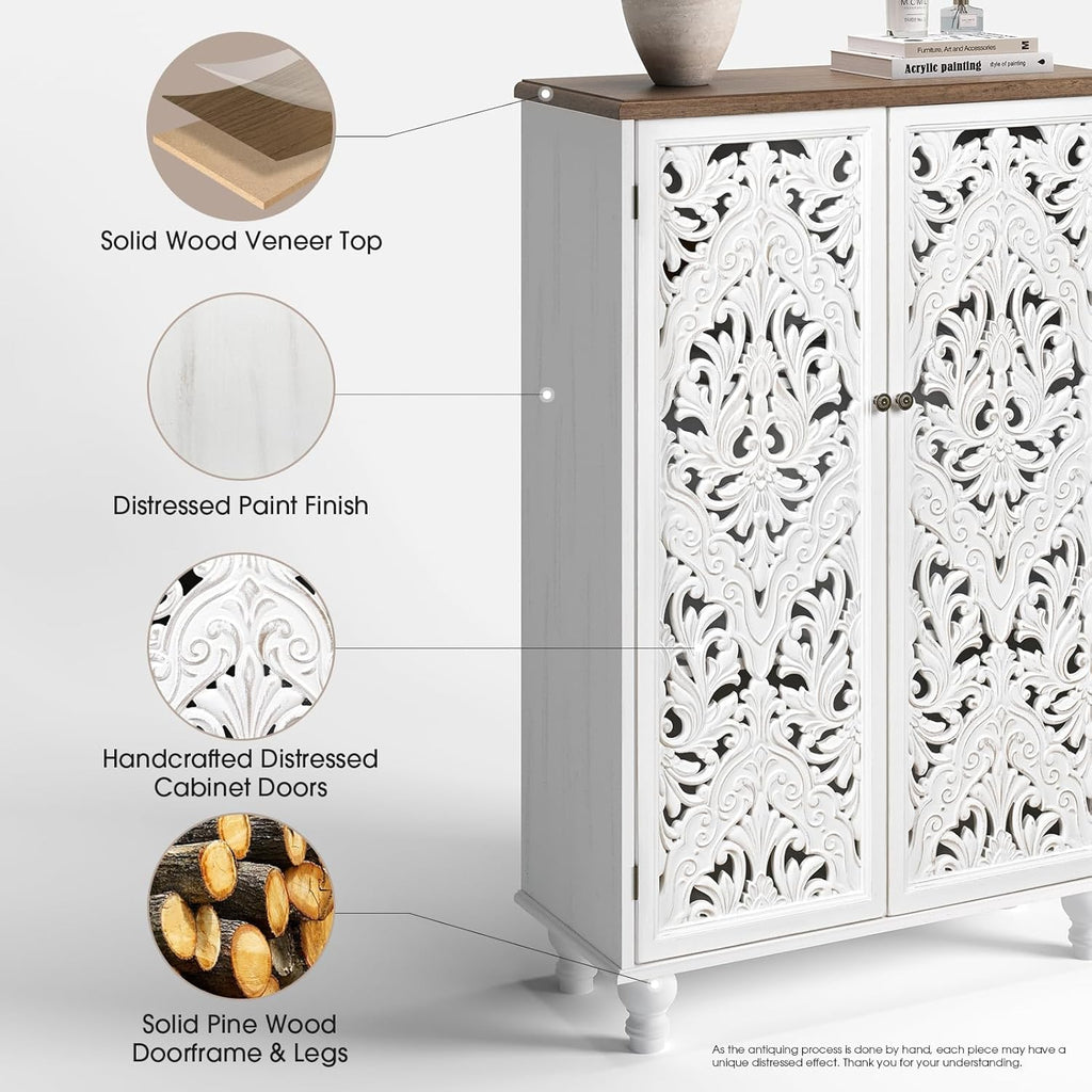 Accent Cabinet with Doors, 47" Tall Buffet Cabinet with Solid Wood Legs, Freestanding Sideboard for Living Room, Entryway, Dining Room, Bedroom, White