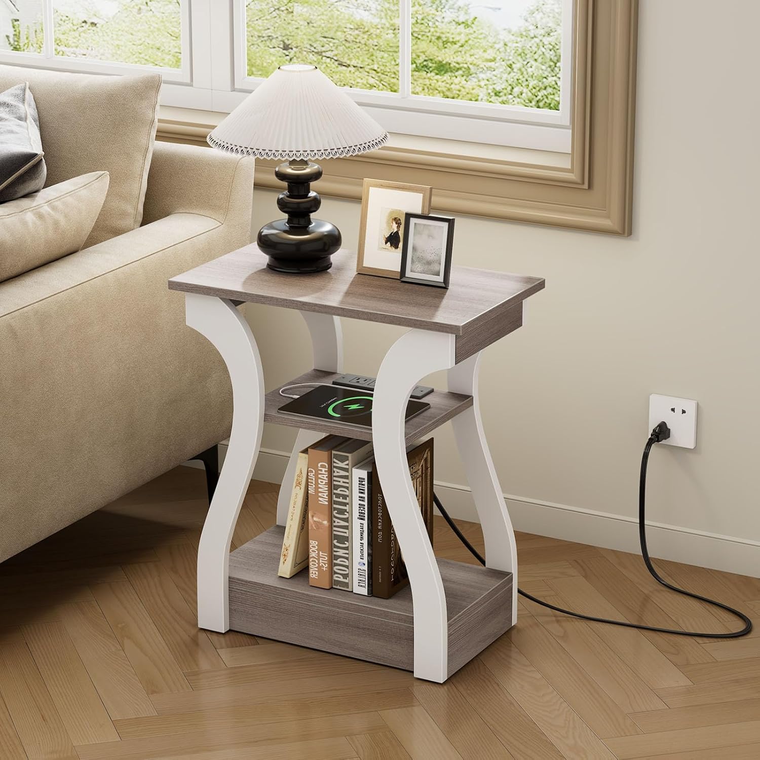 OLIXIS 3 Tier End Table with Charging Station, Modern Curved Nightstand Side Table with USB, Type-C Port & AC Outlets, Storage Shelf Cabinet for Living Room Bedroom Home Decor, Off-White