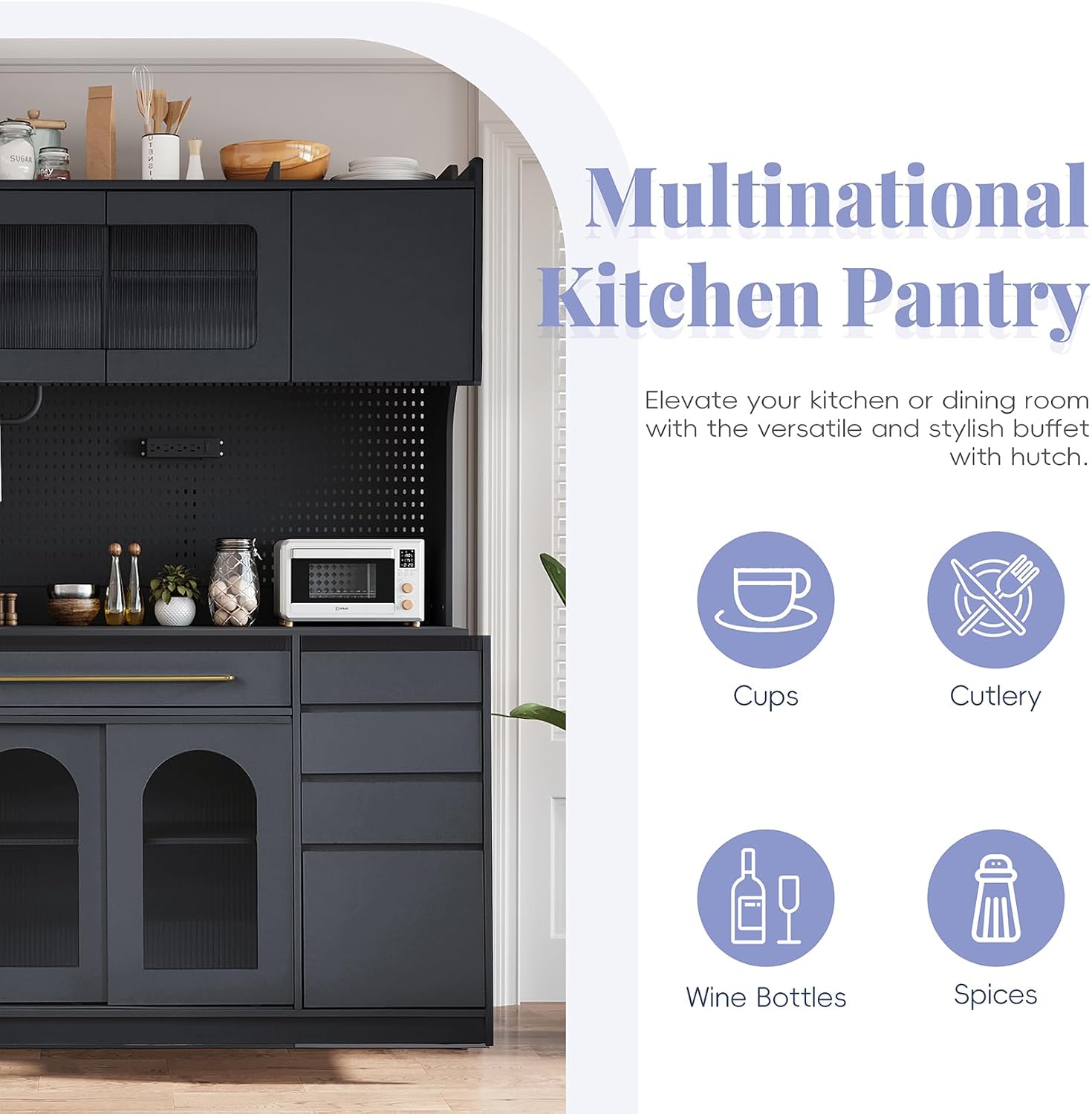 63'' W Freestanding Buffet Kitchen Pantry Cupboard with Hutch, Large Coffee Bar Storage Cabinet with 6 Drawers, 5 Cabinets with Adjustable Shelves,Pegboard,Towel Rack, Power Outlet
