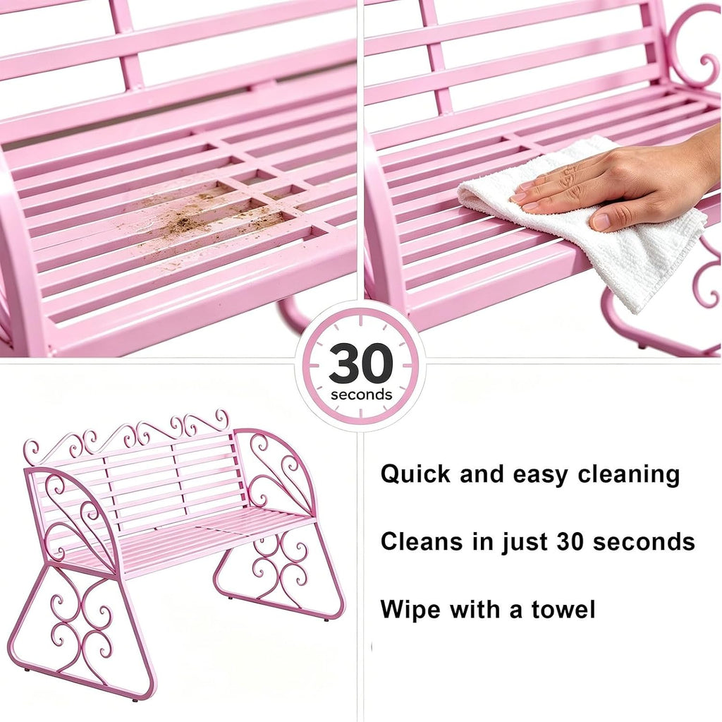 Outdoor Garden Bench with Curved Armrests, 440lbs Load Capacity Waterproof Iron Seating, Ideal for Courtyard Park and Porch(Pink)