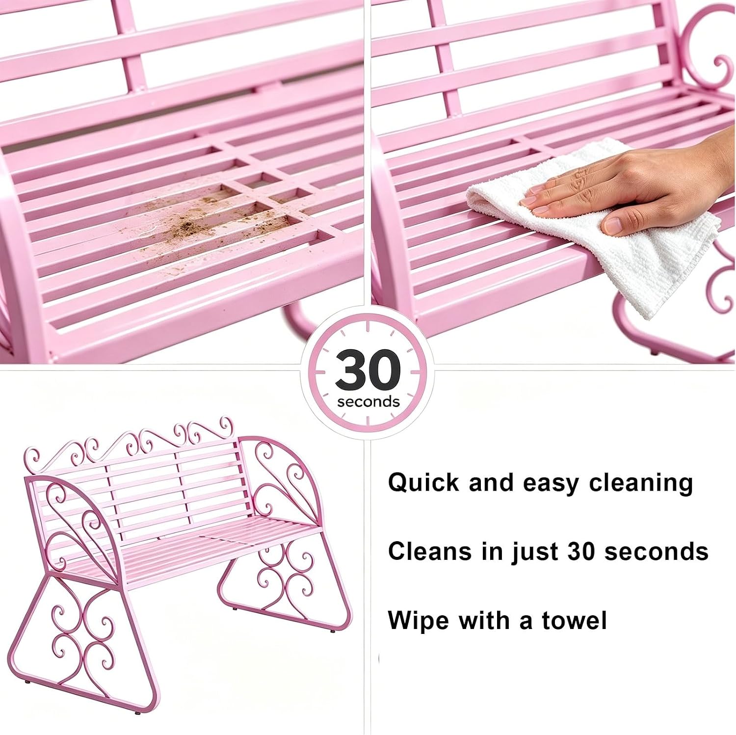 Outdoor Garden Bench with Curved Armrests, 440lbs Load Capacity Waterproof Iron Seating, Ideal for Courtyard Park and Porch(Pink)