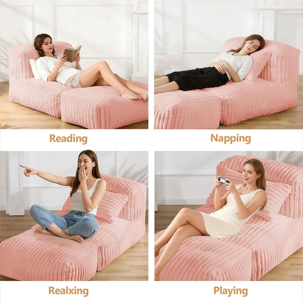 Giant Bean Bag Lounger Sofa with Pillow, Large Beanbag Chair for Adults, Oversized Comfy Beanbag Lazy Floor Sofa, Bean Bag Couch with Memory Foam Filled for Living Room, Bedroom, Pink
