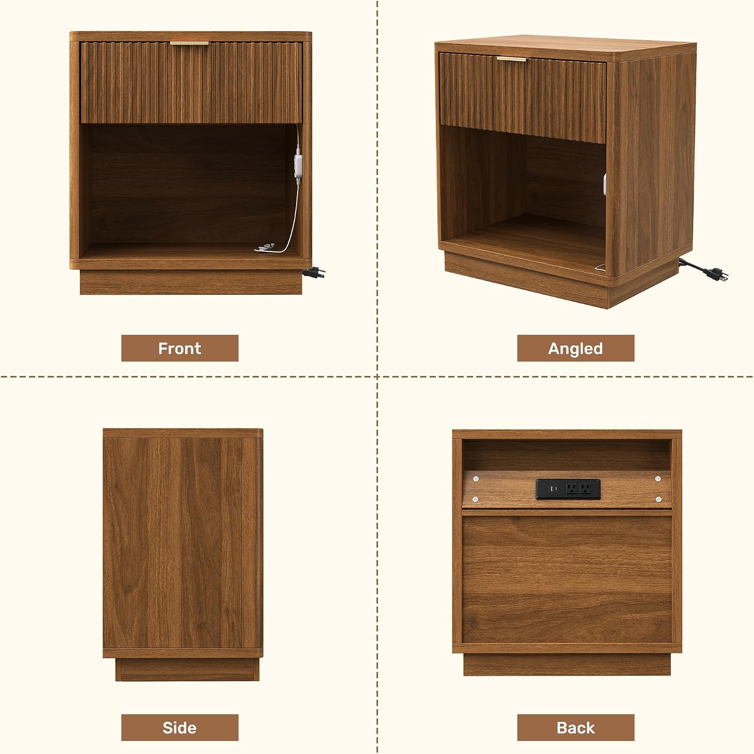Miereirl Fluted Nightstand with Charging Station, Vintage Modern Night Stands Storage Cabinet Wooden Bedside Table with Metal Handle Drawers, Walnut Oak