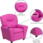 Flash Furniture Chandler Vinyl Kids Recliner with Cup Holder and Safety Recline, Contemporary Reclining Chair for Kids, Supports up to 90 lbs., Hot Pink