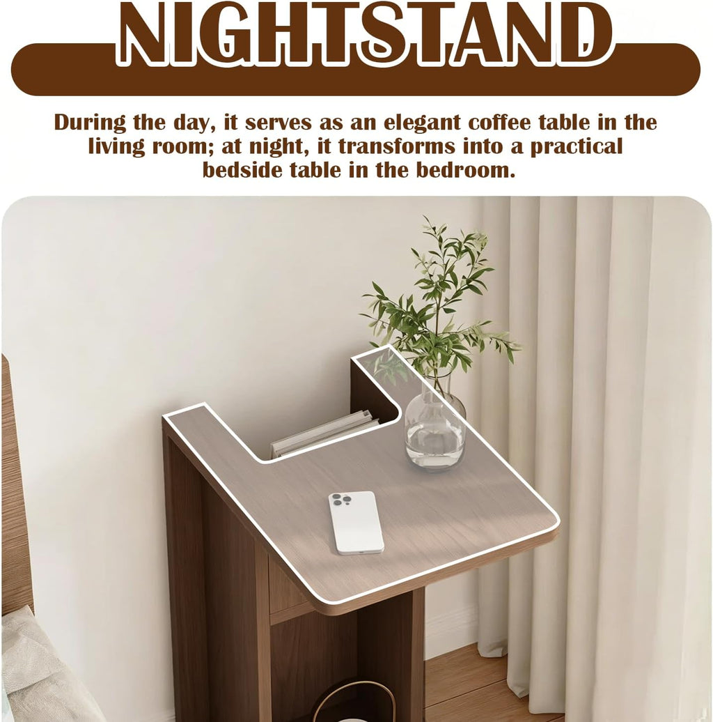 Modern C Shaped End Table for Couch,Walnut Solid Wood Nightstand,Slide Under Couch Tables,23.62 Inches Tall Sofa Table with Storage for Living Room,Bedroom,and Office.