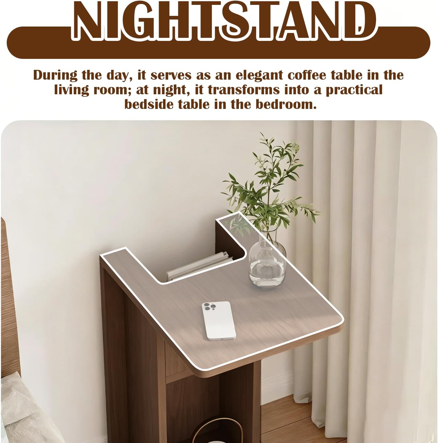 Modern C Shaped End Table for Couch,Walnut Solid Wood Nightstand,Slide Under Couch Tables,23.62 Inches Tall Sofa Table with Storage for Living Room,Bedroom,and Office.