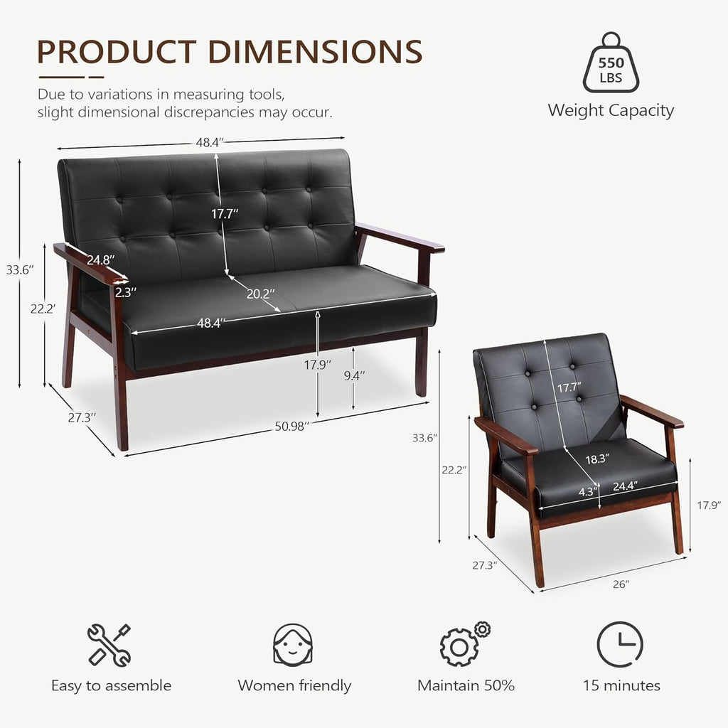 JIASTING Mid Century 1 Loveseat Sofa and 2 Accent Chairs Set Modern Wood Arm Couch and Chair Living Room Furniture Sets (8428 Black Set)