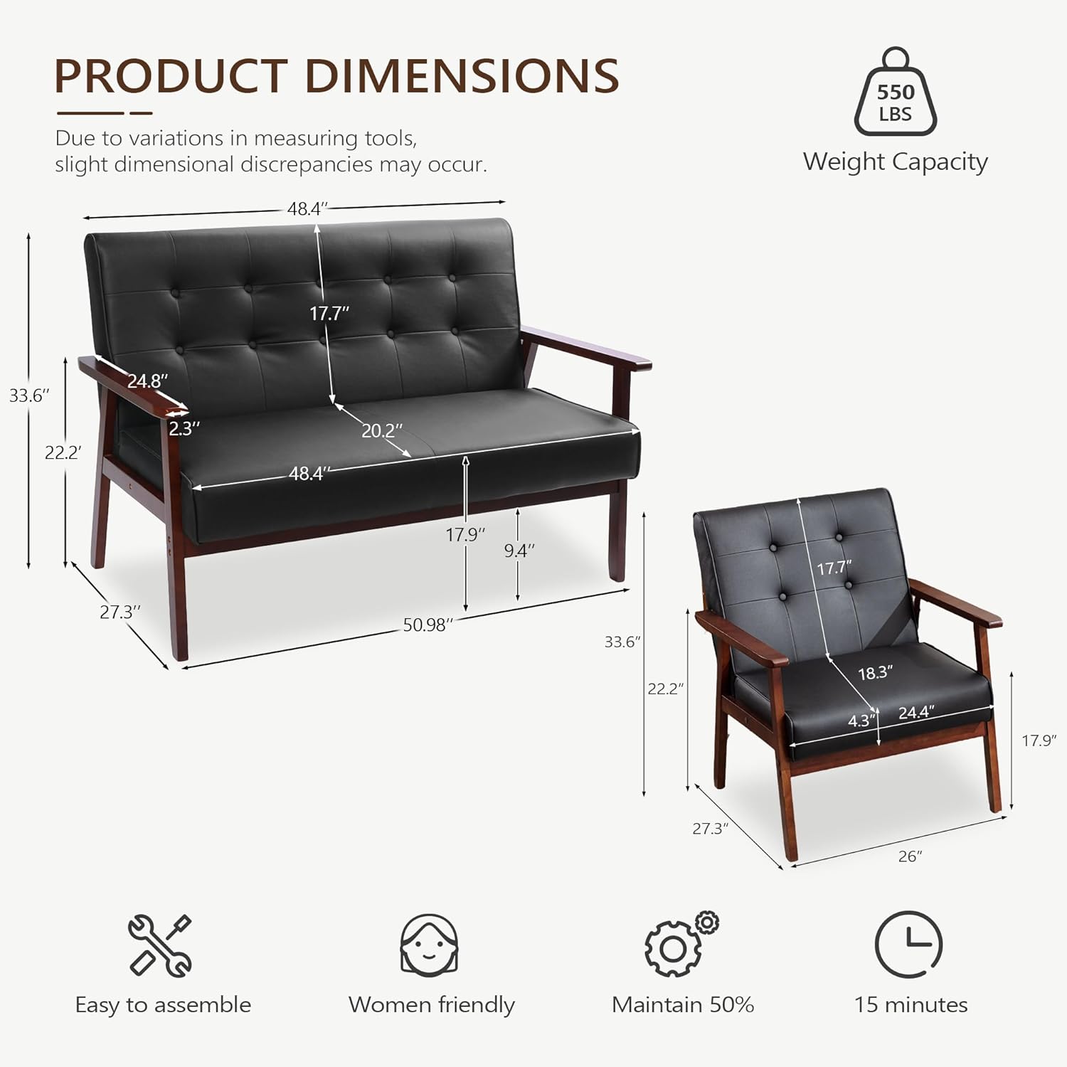 JIASTING Mid Century 1 Loveseat Sofa and 2 Accent Chairs Set Modern Wood Arm Couch and Chair Living Room Furniture Sets (8428 Black Set)