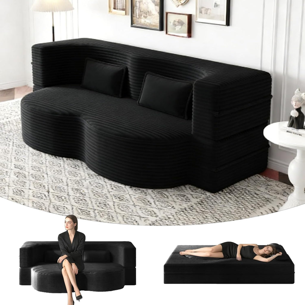 78" Full Size Convertible Futon Sofa Bed, Corduroy Folding Sleeper Sofa Bed with 2 Pillow, Foam Mattress Boneless Couch Bed, No Assembly Loveseat Couches for Living Room Apartment, Space‑Saving, Black