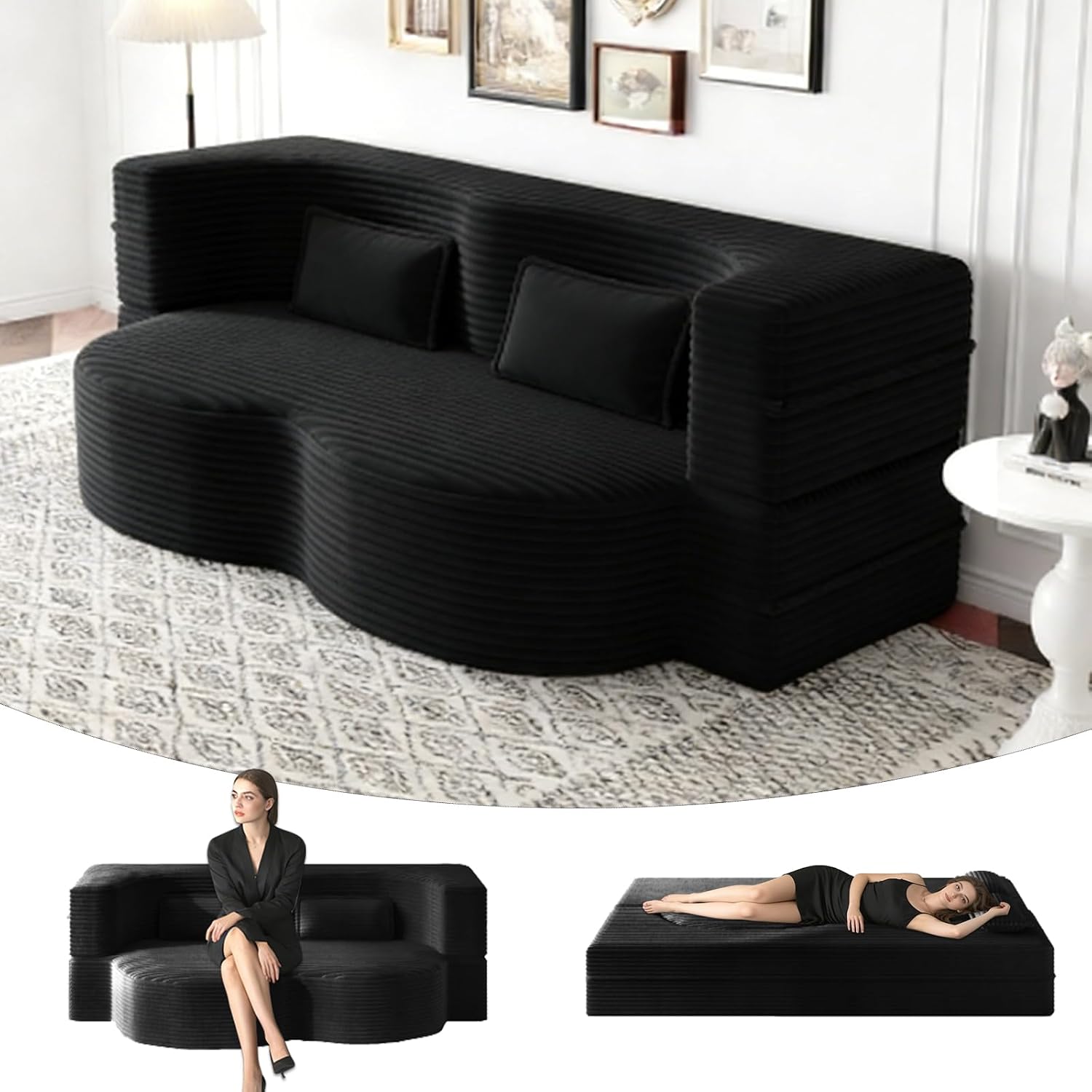 78" Full Size Convertible Futon Sofa Bed, Corduroy Folding Sleeper Sofa Bed with 2 Pillow, Foam Mattress Boneless Couch Bed, No Assembly Loveseat Couches for Living Room Apartment, Space‑Saving, Black