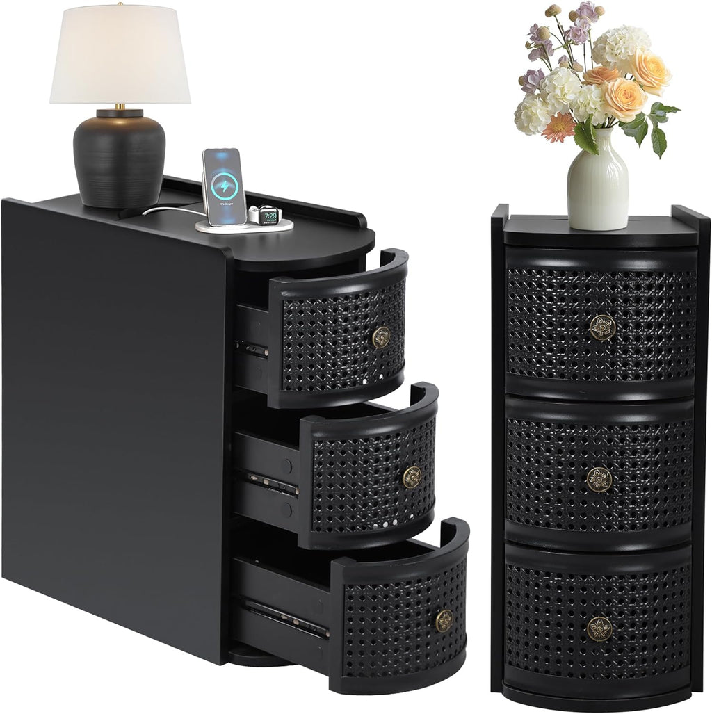 Narrow End Table Set of 2, Metal Rattan Side Table with Storage, Narrow Charging Nightstand with 3 Drawer for Bedroom Bedside, Living Room Couch Sofa, Desk Side Table for Small Spaces - Black