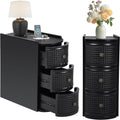 Narrow End Table Set of 2, Metal Rattan Side Table with Storage, Narrow Charging Nightstand with 3 Drawer for Bedroom Bedside, Living Room Couch Sofa, Desk Side Table for Small Spaces - Black