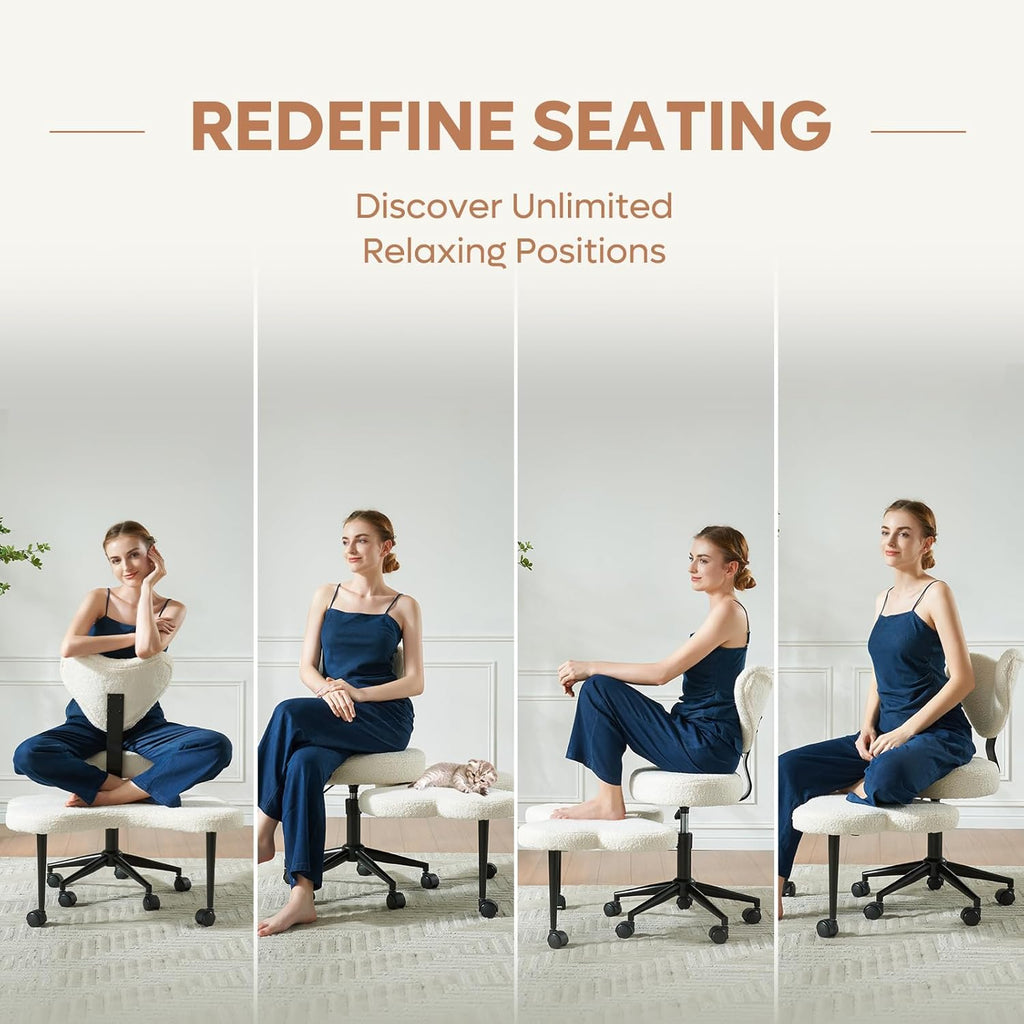 Pinmoco Ergonomic Cross Legged Chair, 360° Swivel Meditation Chair with Wheels, Height Adjustable Seat for ADHD, Strong Lumbar Support, Chic Home Office Furniture, Teddy Fabric, Off White