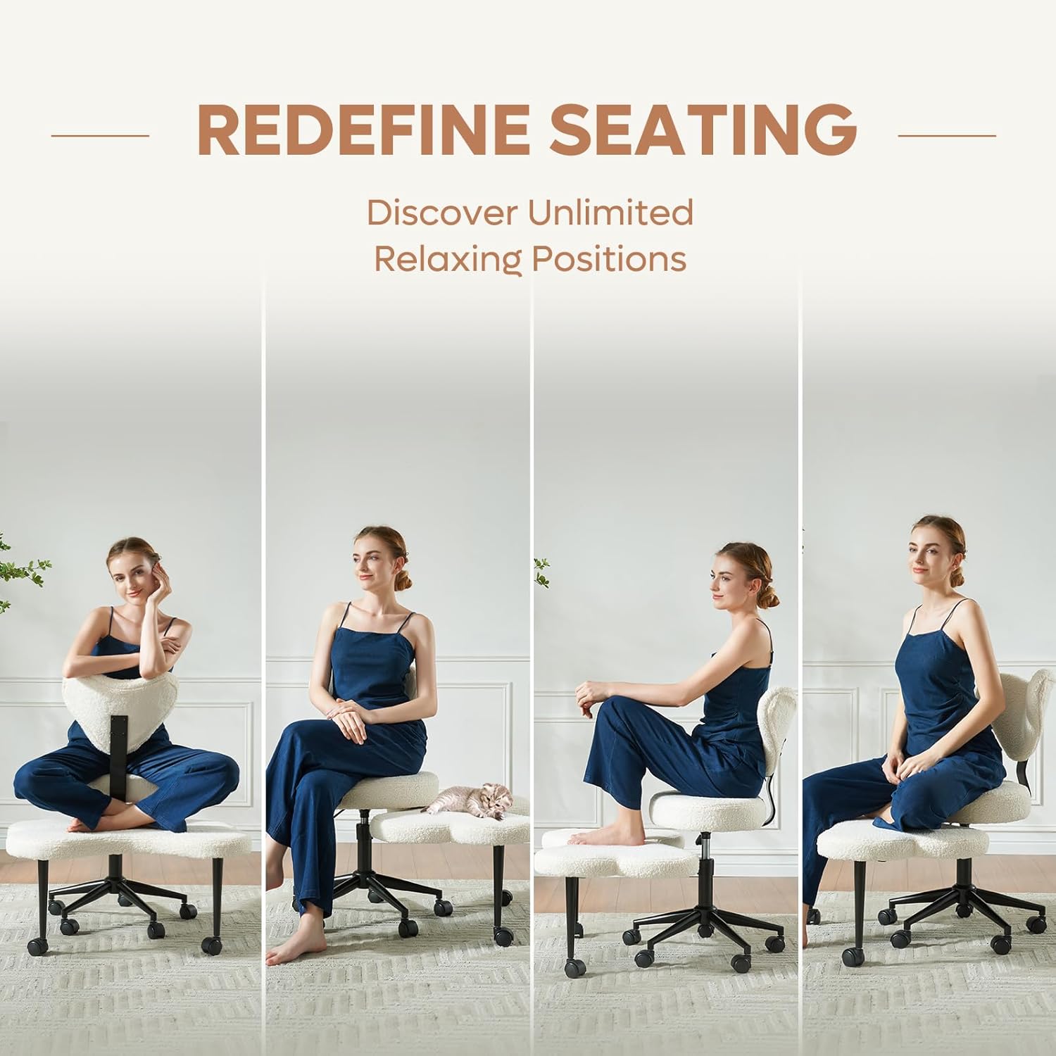 Pinmoco Ergonomic Cross Legged Chair, 360° Swivel Meditation Chair with Wheels, Height Adjustable Seat for ADHD, Strong Lumbar Support, Chic Home Office Furniture, Teddy Fabric, Off White