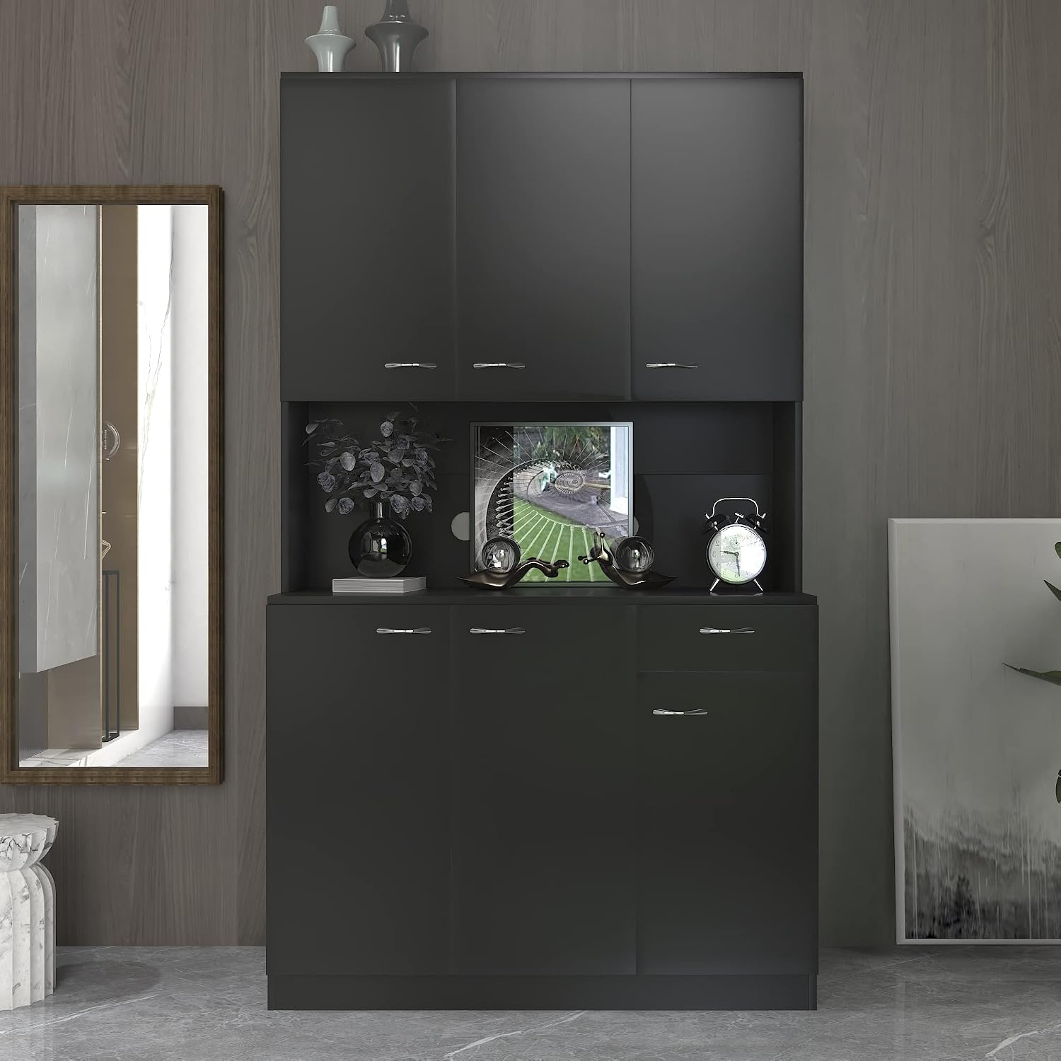 70.87" 6-Door Modern Kitchen Pantry Cabinet Combo with Drawer&Shelf for Dining Room Kitchen Living Room, Black
