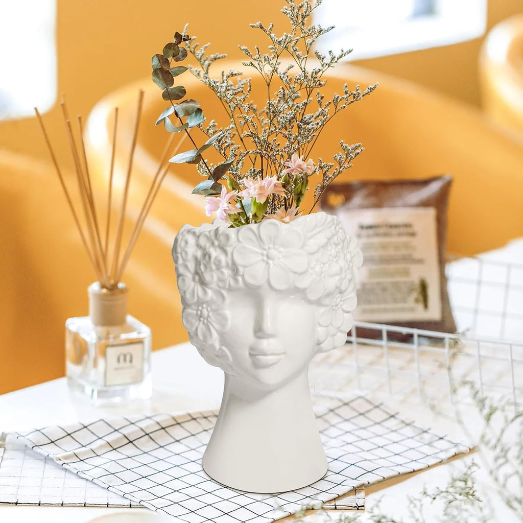 ComSaf White Ceramic Face Vase for Decor,Modern Style Female Form Flower Vase,Unique Flower Vase for Home Living Room Office Decor - Face Type B