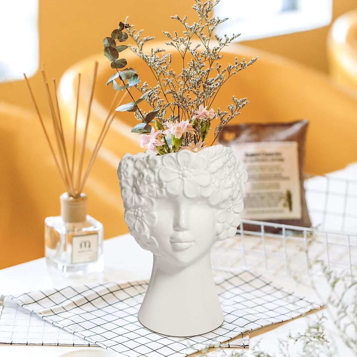 ComSaf White Ceramic Face Vase for Decor,Modern Style Female Form Flower Vase,Unique Flower Vase for Home Living Room Office Decor - Face Type B