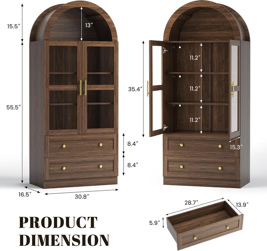 71" Tall Arched Kitchen Pantry Cabinet, Modern Farmhouse Kitchens Storage Cabinet with 2 Large Drawers & Glass Doors, Freestanding Versatile Cupboard for Living Room, Dining Room, Brown