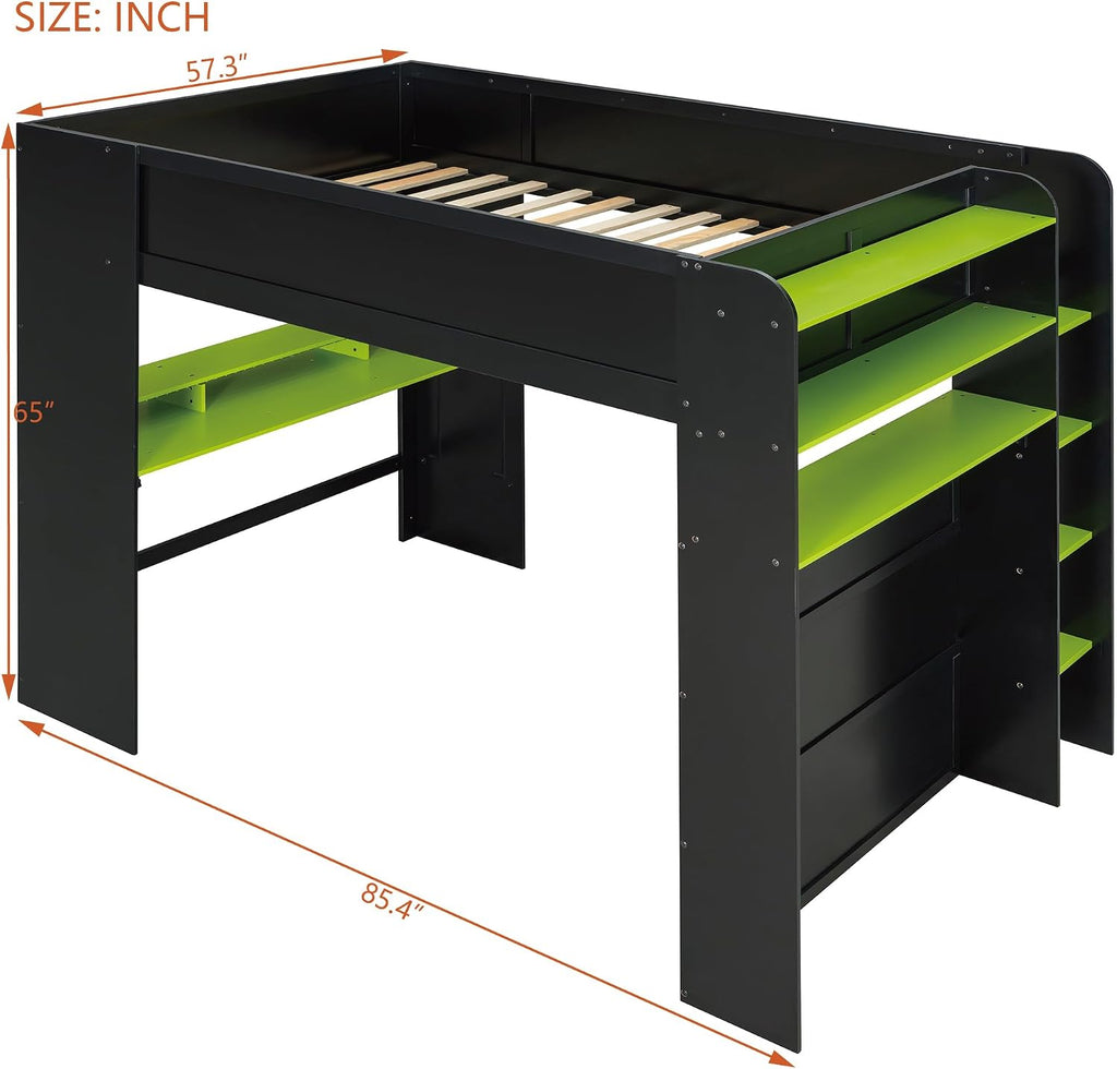 Full Size Wood Bunk Bed with Height-Adjustable Desk and Wardrobe,USB Port and RGB Light,for Kids Teens Adults Bedroom Use (Green#Wardrobe, Full)