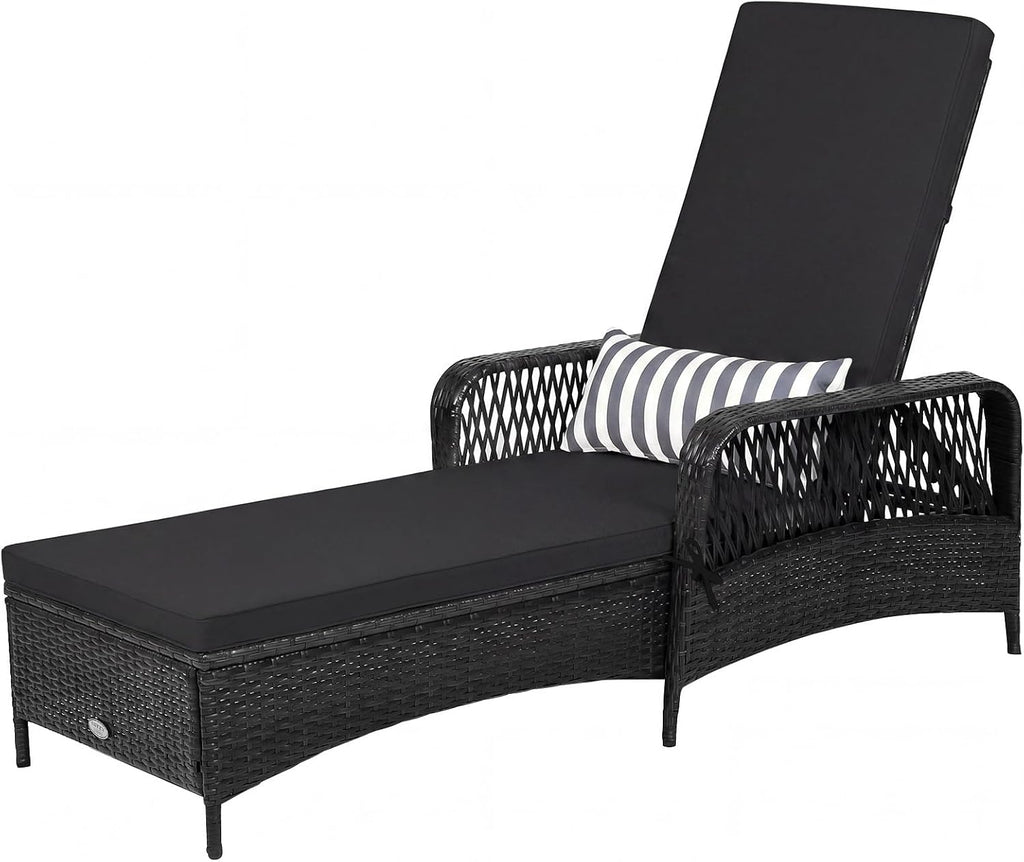 HAPPYGRILL Patio Chaise Lounge, Outdoor Rattan Wicker Recliner Chair with Thick Cushion, Lumbar Pillow, Adjustable Backrest for Garden Porch Lawn Poolside (1)