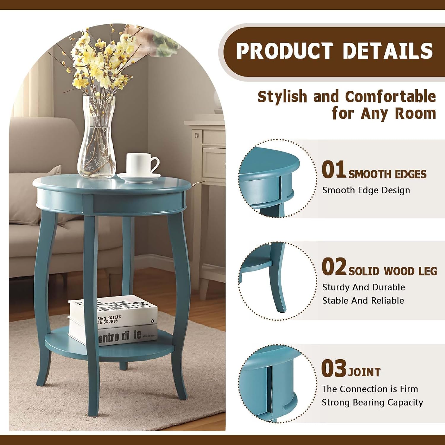 Small Accent Table with Storage, Round End Tables for Living Room, Wooden Circle Side Table for Small Spaces Bedroom Sofas Entryways, Easy to Assemble (Teal)