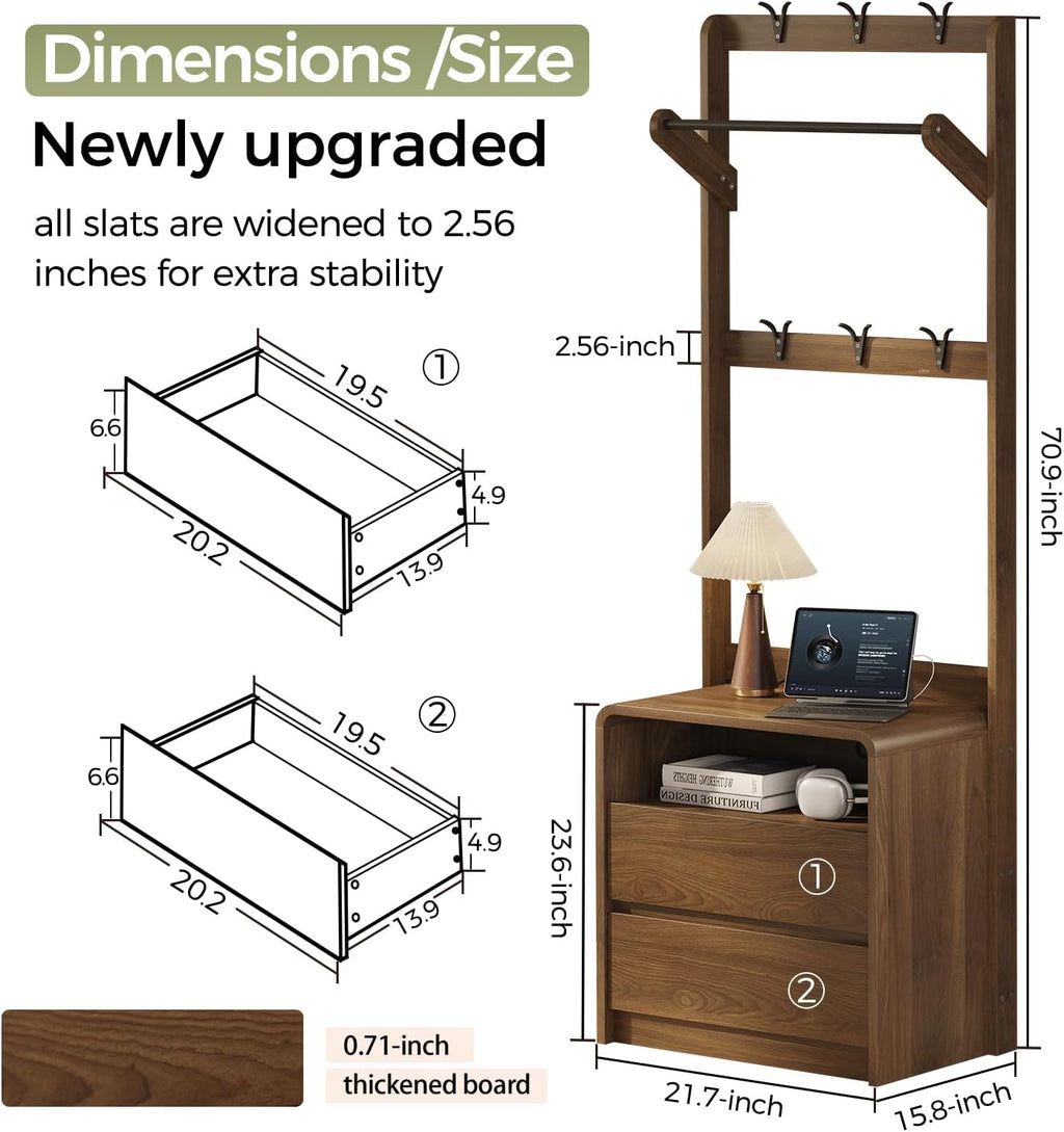 Messenya Mid Century Modern Bedroom Nightstand with Clothes Rack and Hooks | Bedside Table with Hanging Rod, 6 Storage Hooks, Charging Station, Dual Drawers, Rounded Corner, Open Shelf, Walnut Finish