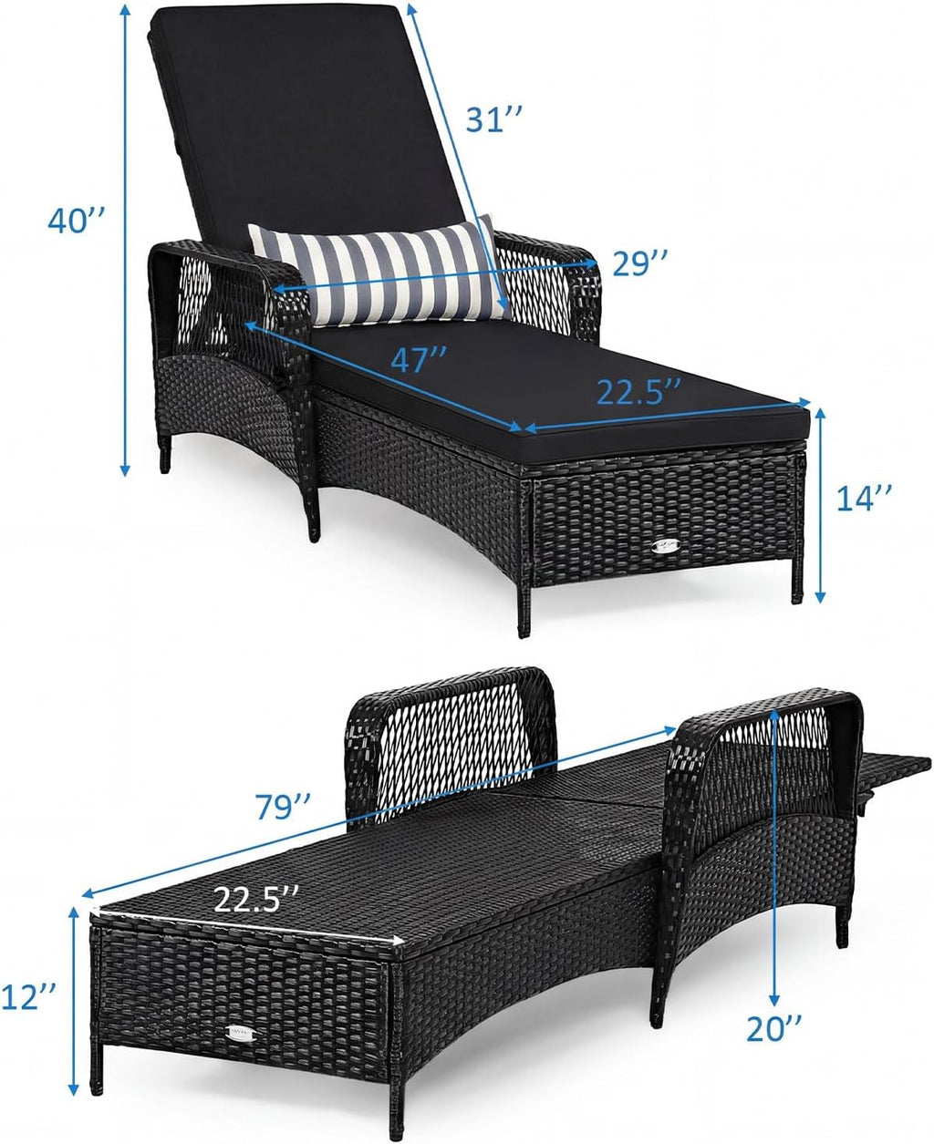 Tangkula Wicker Chaise Lounge Outdoor, Patio Rattan Reclining Chaise with 6-Gear Adjustable Backrest, Thick Padded Cushion & Removable Lumbar Pillow, Pool Lounge Chairs (1, Black + Black)