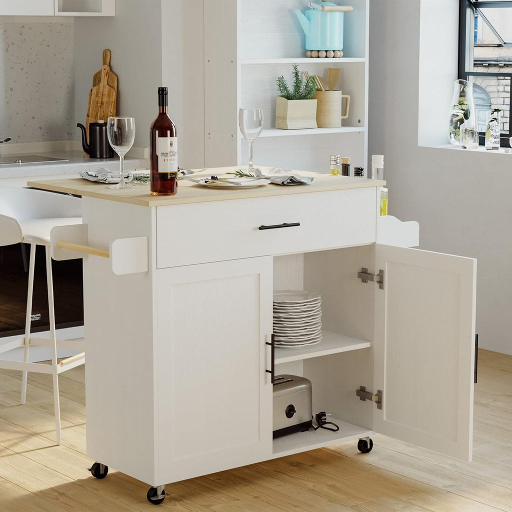 IRONCK Rolling Kitchen Island Table on Wheels with Drop Leaf, Storage Cabinet, Drawer, Spice/Towel Rack, Kitchen Cart, 47.25" Wide White