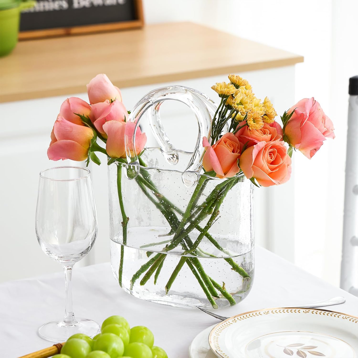 Fixwal Glass Purse Vase for Flowers, Clear Bag Vases with Handle, Unique Cute Handbag Shape Decorative Flower Vases with Fish Bowl for Centerpieces Home Table Shelf Decor Birthday