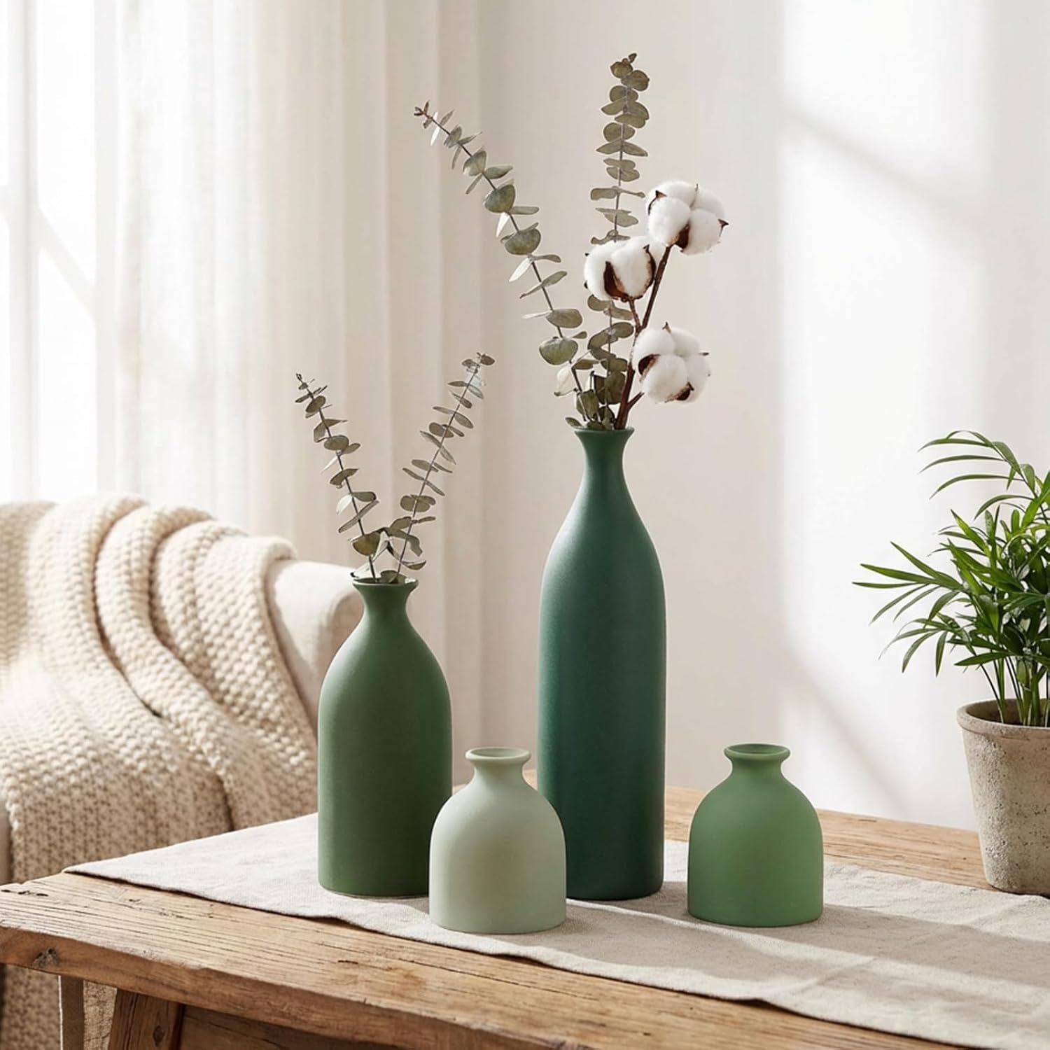 Dandat Green Ceramic Vase Set of 4, Modern Ceramic Vases Neutral Colors Farmhouse Table Centerpiece for Dried Flowers, Living Room, Kitchen, Bedroom