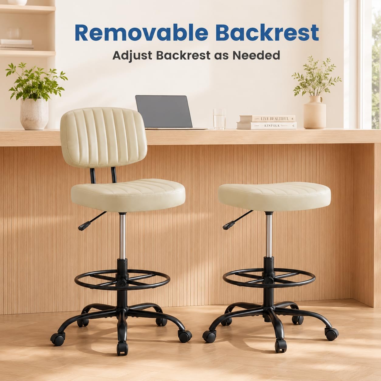 Simple Deluxe Armless Drafting Chair, Low Back PU Leather Office Seat with Footrest Ring, Swivel Rolling Stool for Standing Desk, Studio, Lab, Counter and Small Spaces, Beige