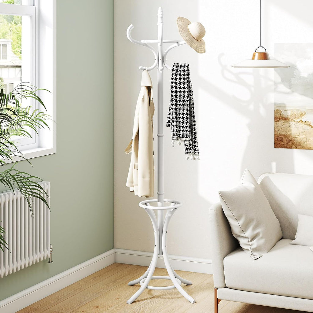 Tangkula Coat Rack with Umbrella Holder, 73 Inch Freestanding Coat Hanger Stand with 12 Hooks, Wooden Entryway Coat Tree for Clothes, Bags, Hats, Scarves, Living Room, Bedroom, Hallway (White)