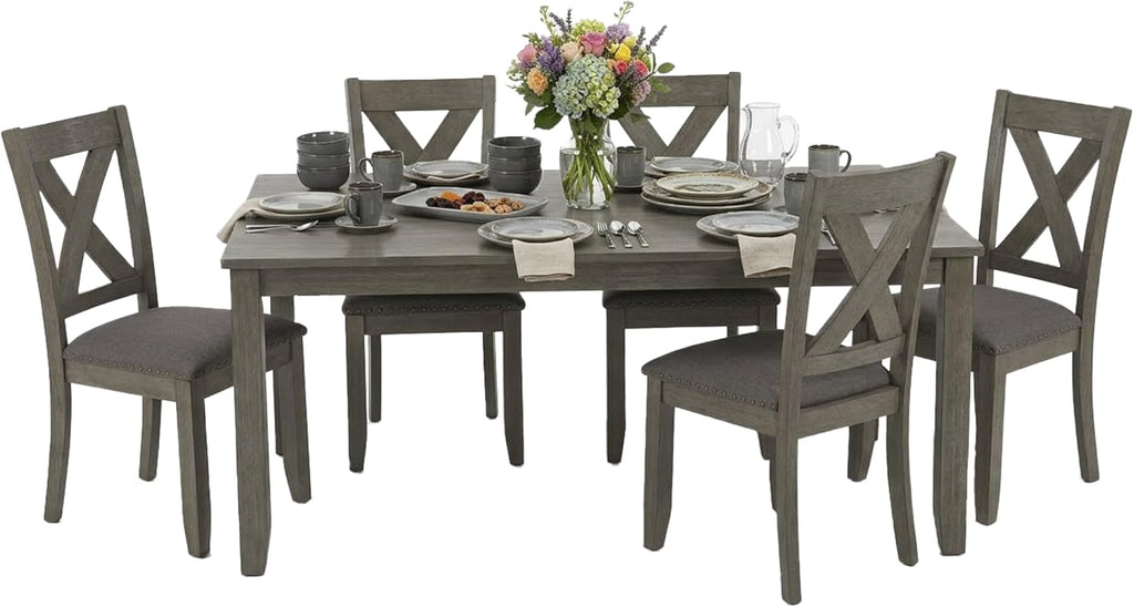 Signature Design by Ashley Caitbrook Rustic 7-Piece Dining Set – Rectangular Table with 6 X-Back Upholstered Chairs, Gray