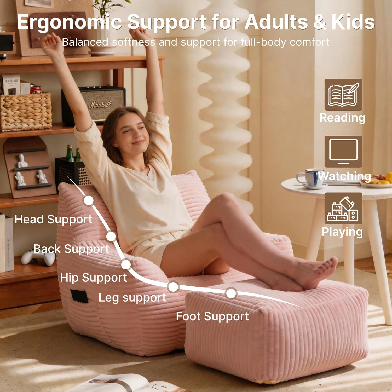 Oversized Bean Bag Chair with Ottoman, Bean Bag Couch with 2 Side Pockets, Corduroy Boneless Couch Chair in a Box, Comfy Lounge Chair for Living Room, Bedroom, Dorm, Pink