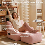Oversized Bean Bag Chair with Ottoman, Bean Bag Couch with 2 Side Pockets, Corduroy Boneless Couch Chair in a Box, Comfy Lounge Chair for Living Room, Bedroom, Dorm, Pink