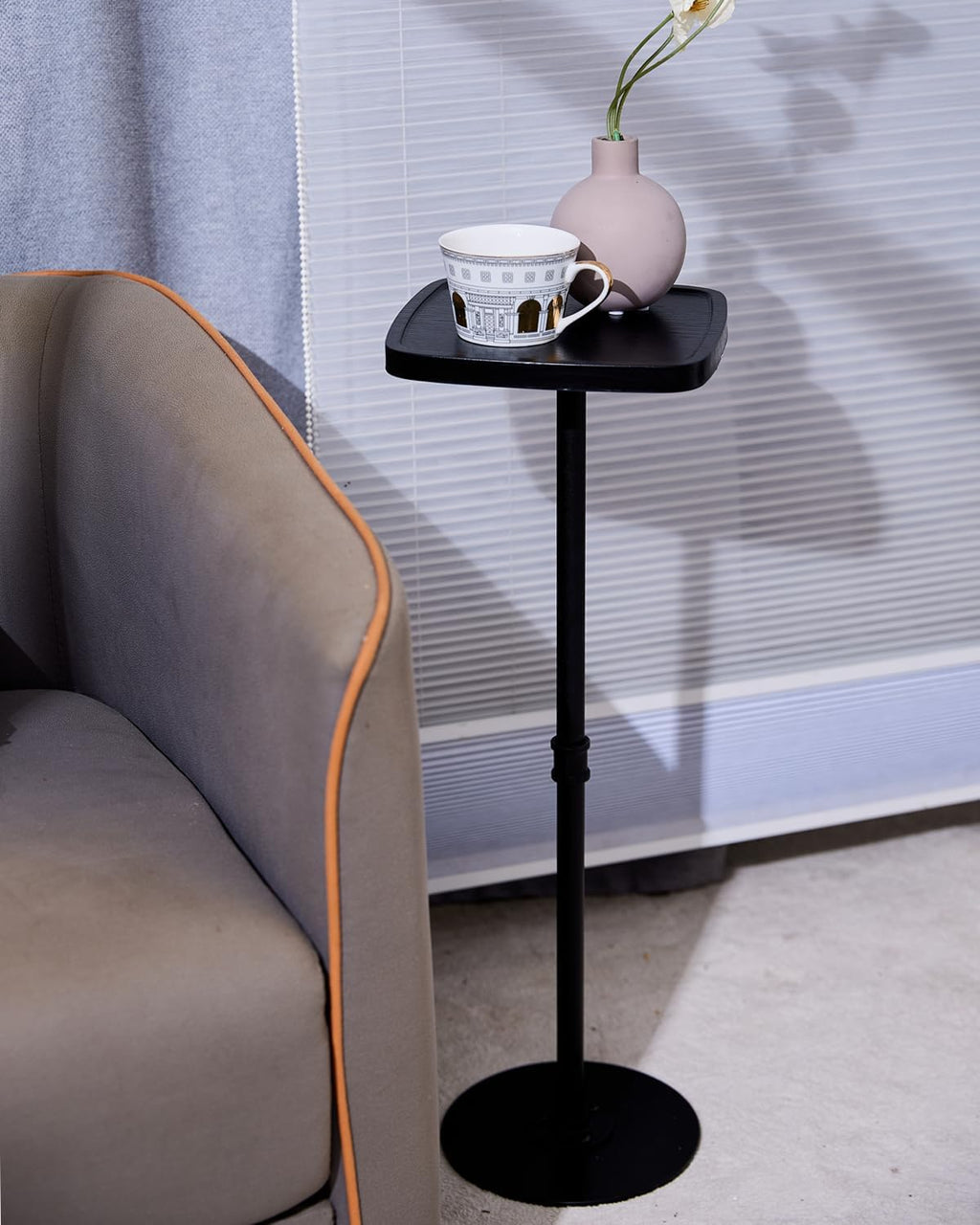 Drink Table, Small Pedestal Side Table, Cocktail Martini Tables Drink Stand, Modern Square Tiny Accent End Table with Metal Base for Small Spaces Living Room Bedroom Office Bar (Black)