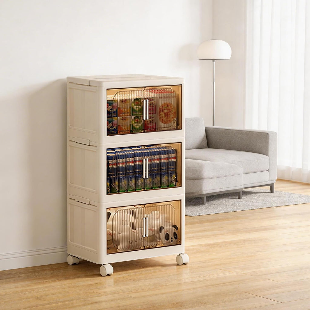 Stackable Organizer Drawers with Wheels, Foldable Plastic Storage Bins for Clothes/Dorm Room Double Door Cream Rolling Cabinet Height (Reinforce Stripe: 3 Clear, 19.8"D x 11.8"W x 31.1"H)