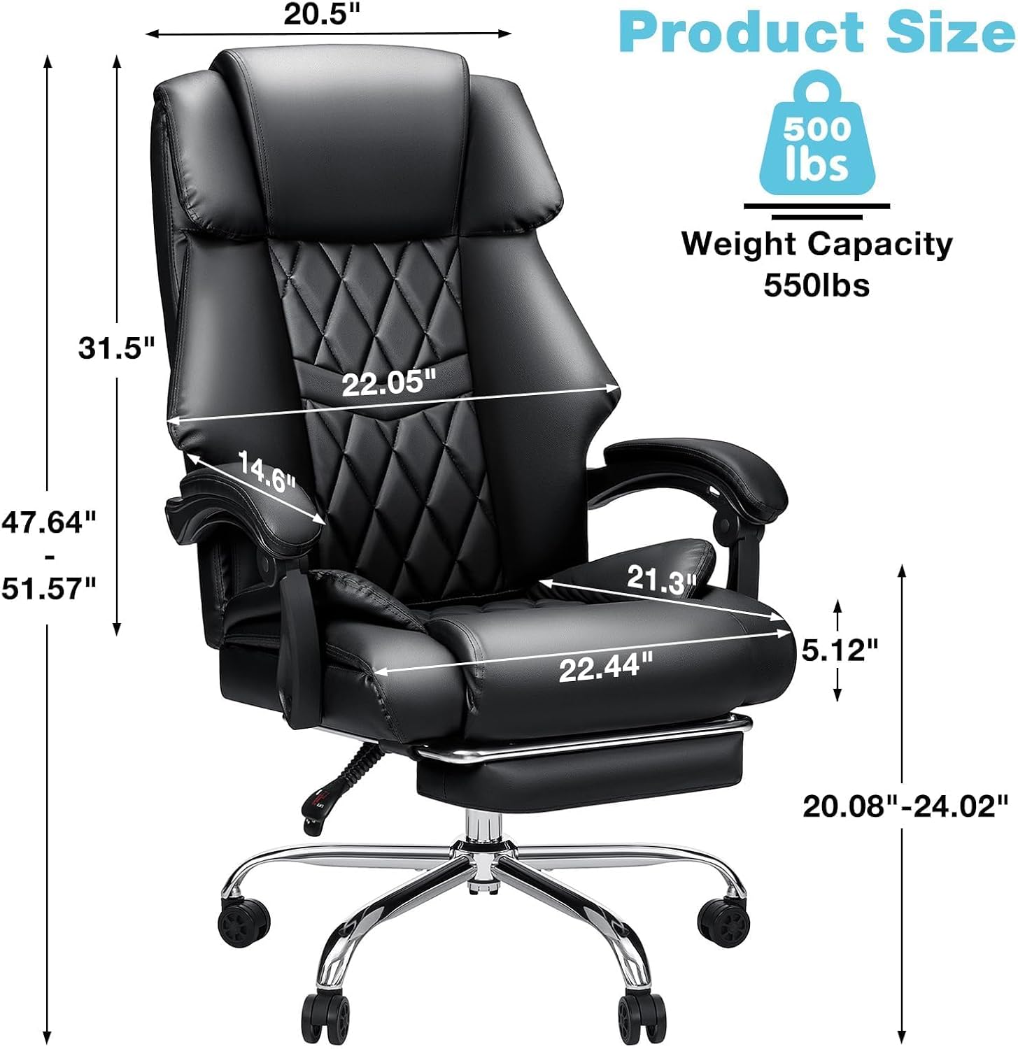 HOFFREE Office Chair Big and Tall 500lbs Ergonomic Chair for Heavy People Extra Wide Seat Computer Desk Chair with Footrest Black