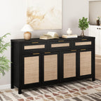 HOKYHOKY Rattan Sideboard Buffet Cabinet, Boho Storage Cabinet with Adjustable Shelves, Farmhouse Credenza Coffee Bar Cabinets with 4 Doors & 3 Drawers for Living Room, Hallway & Kitchen