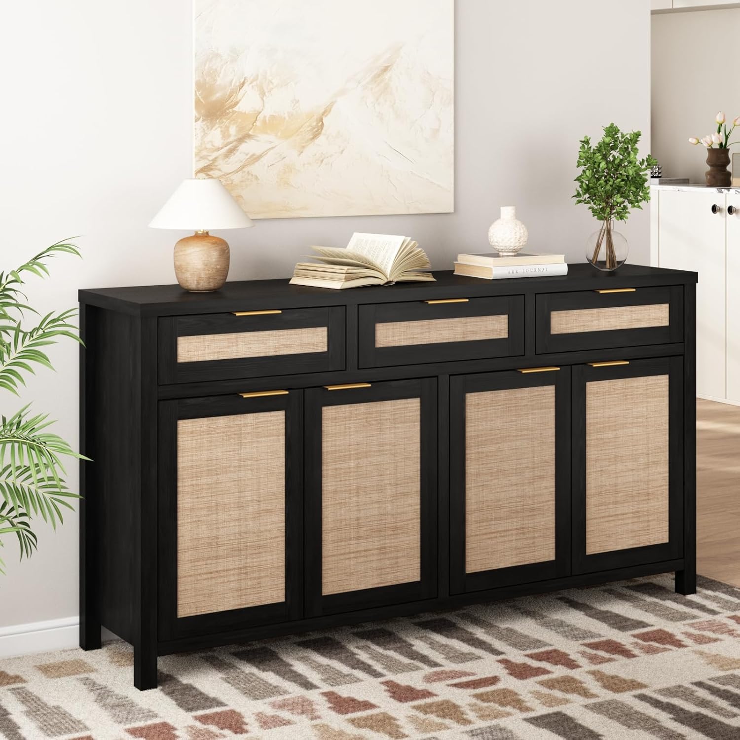 HOKYHOKY Rattan Sideboard Buffet Cabinet, Boho Storage Cabinet with Adjustable Shelves, Farmhouse Credenza Coffee Bar Cabinets with 4 Doors & 3 Drawers for Living Room, Hallway & Kitchen