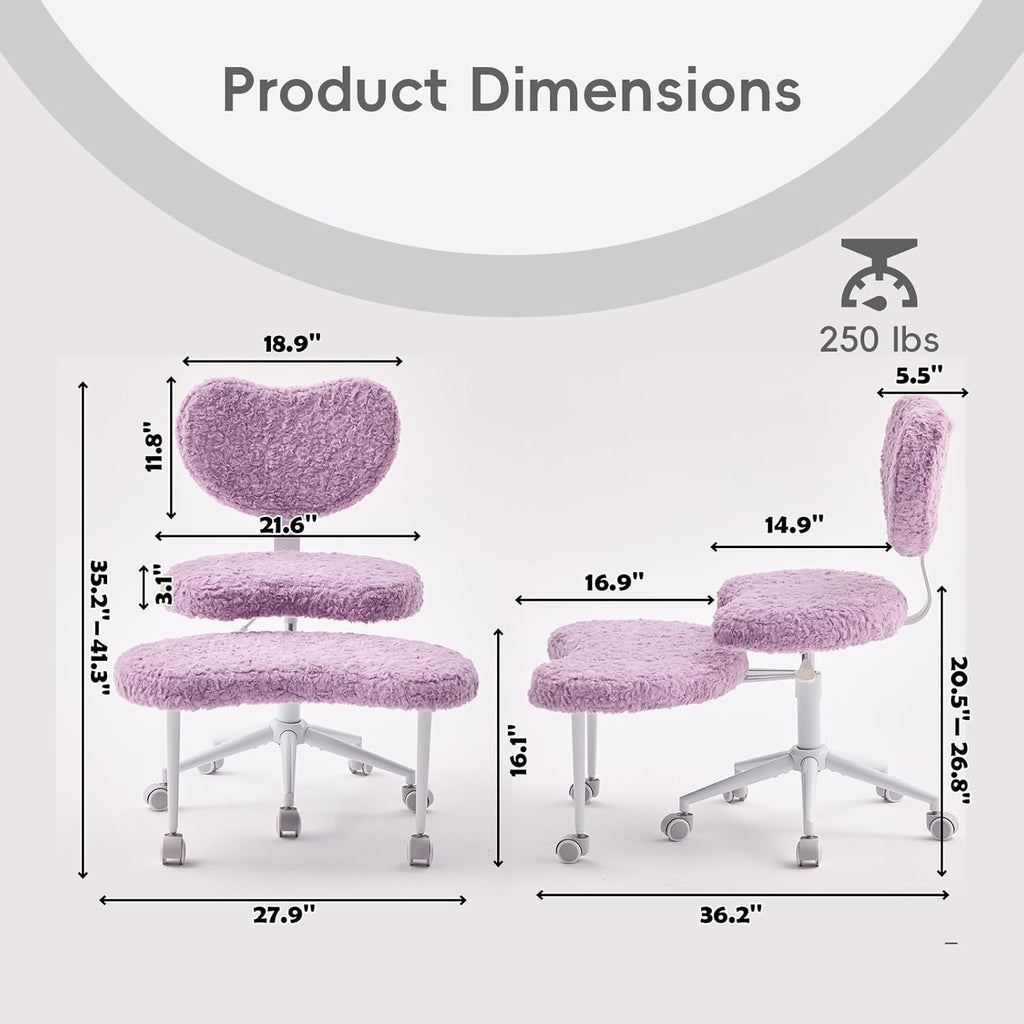 Meditation Chair with Wheels, Ergonomic Criss Cross Chair, Adjustable ADHD Floor Sitting Chair, Swivel Cross Legged Office Chair with High Back, Kneeling Posture Chair, Plush Faux Fur Fabric（Violet）