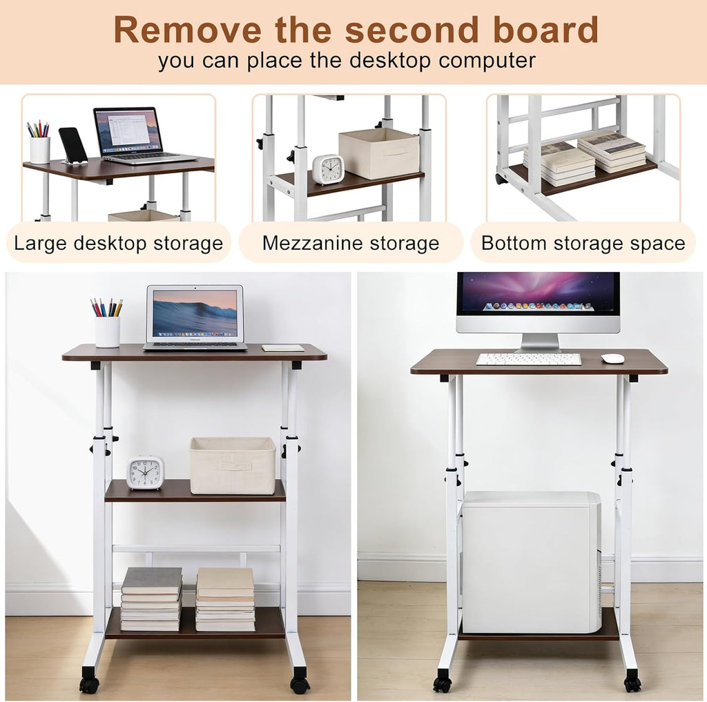 Portable Rolling Desk on Wheels with Adjustable Height, Compact Laptop & Small Computer Desk for Bedroom, Home Office with Storage Shelves and Phone Holder (Walnut)